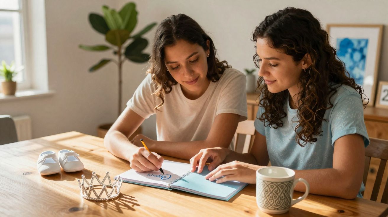 Duas mulheres sentadas à mesa escrevendo num caderno, com sapatos de bebé e coroa à frente.