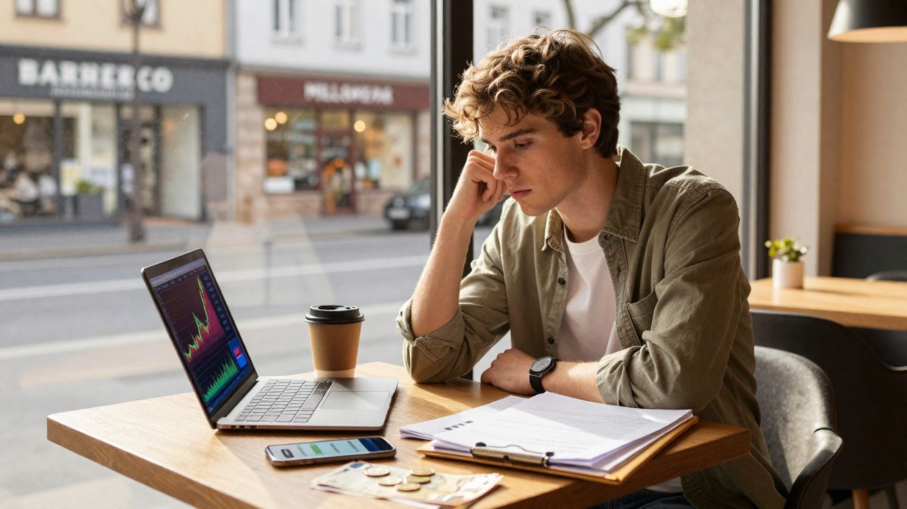 Jovem sentado à mesa com computador, telemóvel, notas e moedas, a analisar gráficos financeiros numa cafetaria.