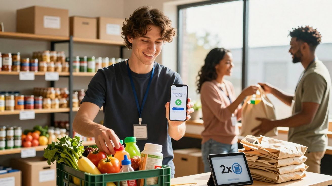 Voluntário mostra app de doações num telemóvel enquanto empacota alimentos para entrega solidária.