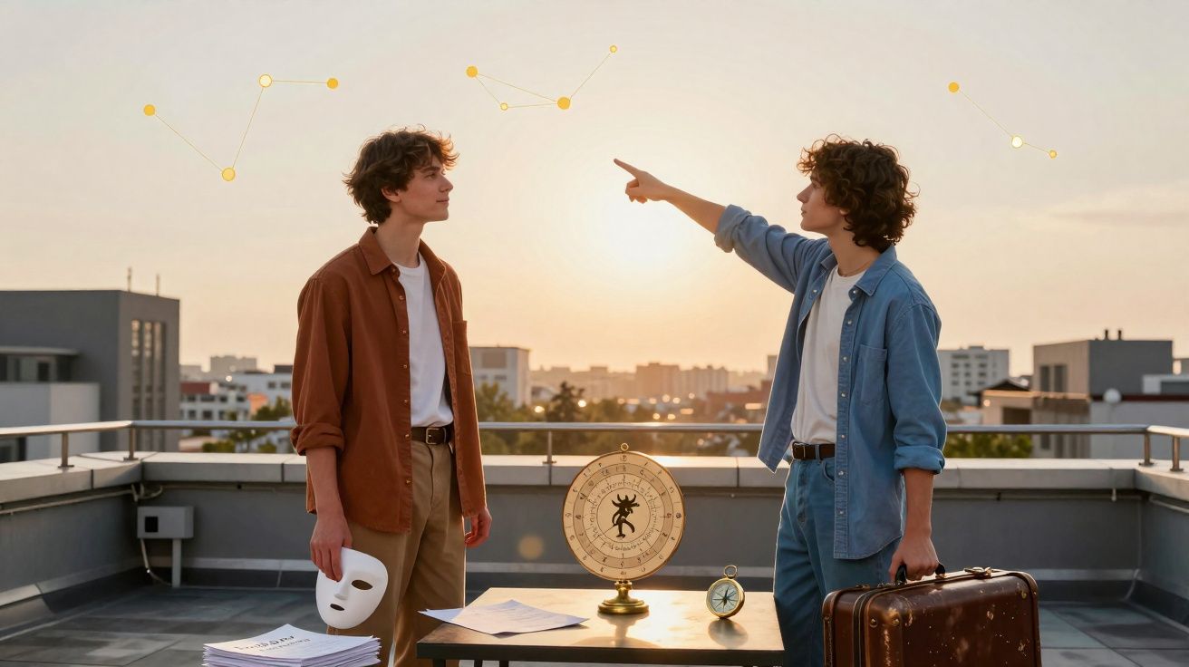 Dois jovens num terraço ao pôr do sol, um com máscara branca e outro a apontar para estrelas desenhadas.