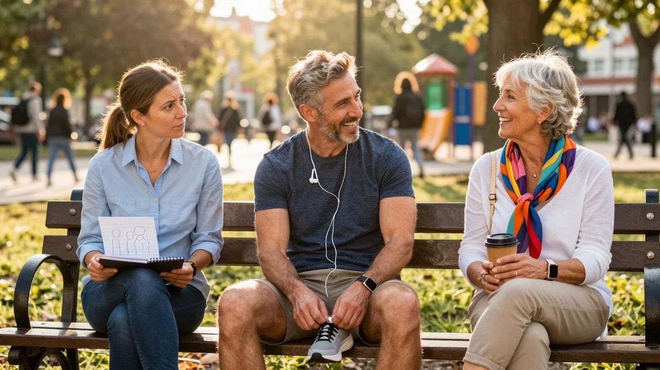 Três pessoas sentadas num banco de parque, conversando num dia de sol, com árvores ao fundo.