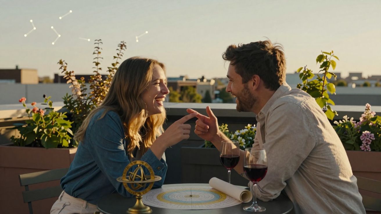 Casal sorridente a apontar um para o outro durante leitura de mapa astral com taças de vinho tinto na mesa.