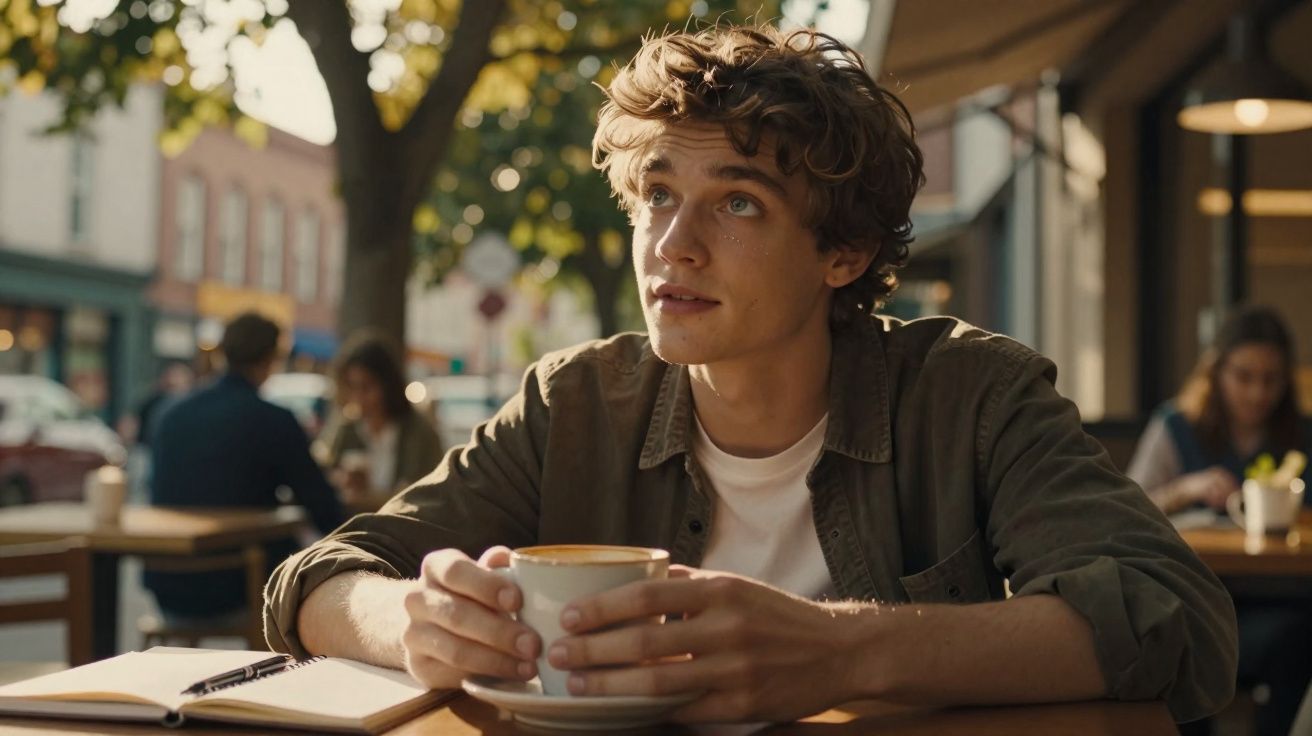 Jovem sentado numa esplanada a segurar uma chávena de café, olhando pensativo para cima.