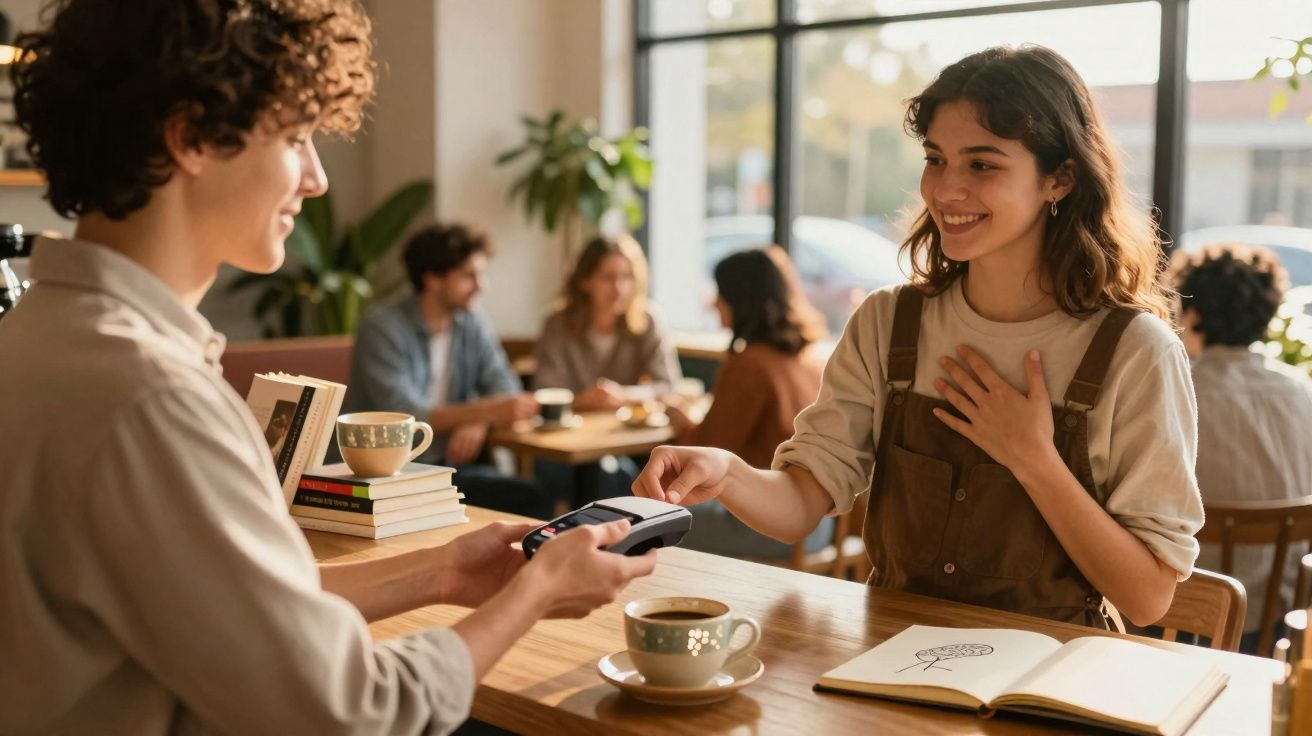 Jovem a pagar com cartão num café, sorrindo para o empregado que segura o terminal de pagamento.