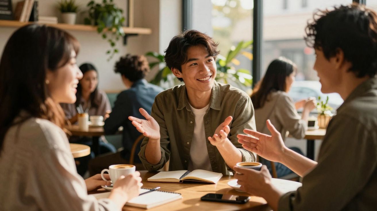 Jovens a conversar e beber café numa cafeteria luminosa, com cadernos e telemóvel na mesa.