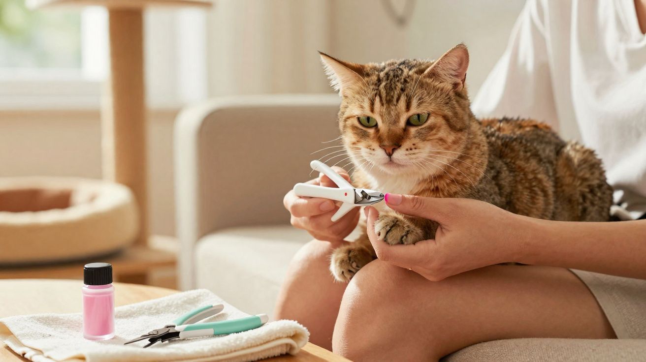 Pessoa a cortar as unhas de um gato castanho num ambiente doméstico acolhedor.