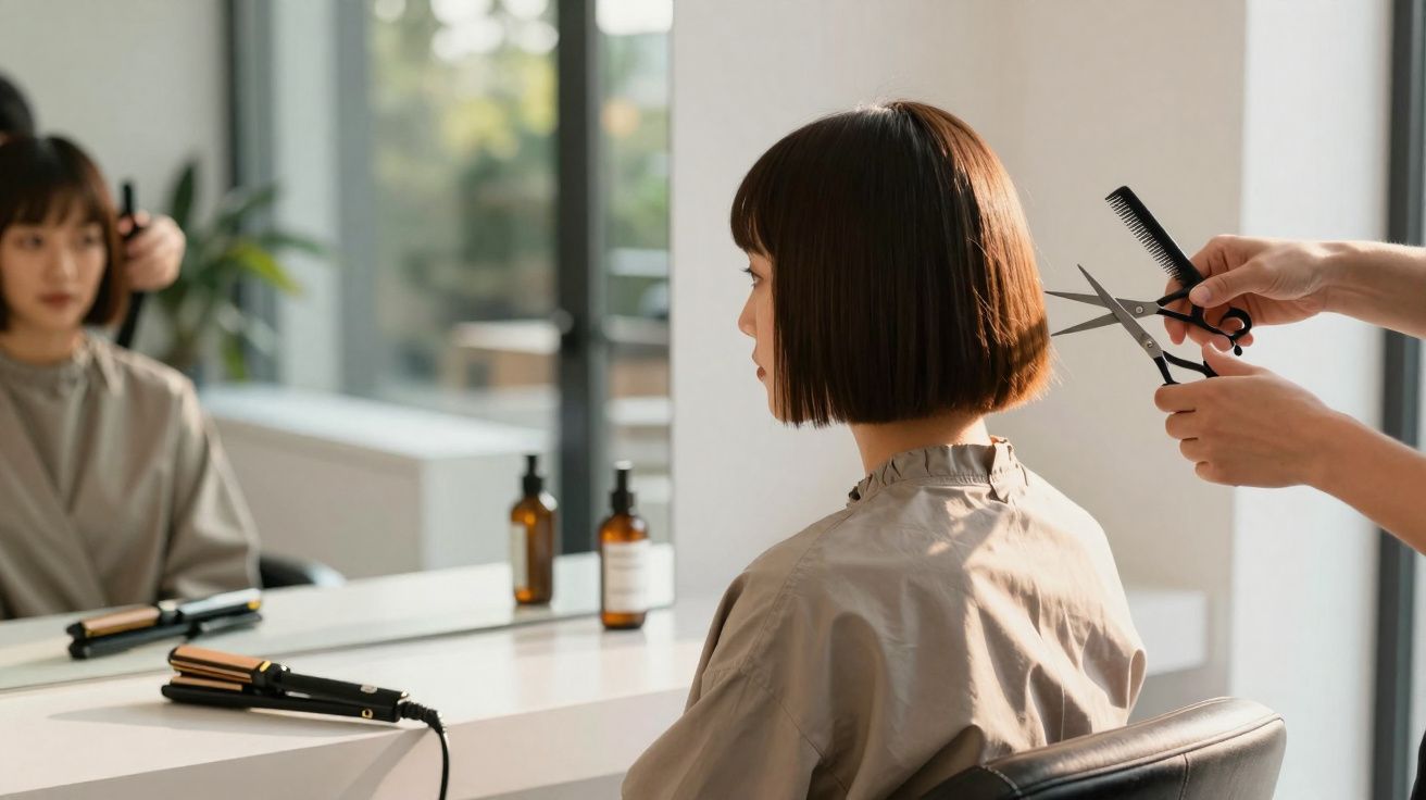 Mulher sentada num salão de cabeleireiro a cortar o cabelo curto em frente ao espelho.