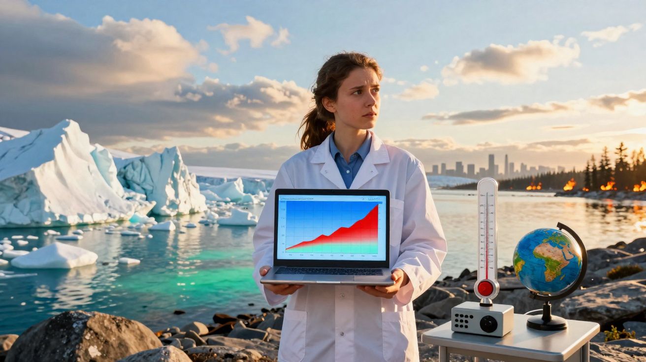 Cientista com bata branca segura laptop com gráfico crescente junto a icebergues a derreter.