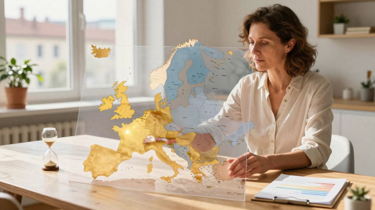 Mulher a analisar um mapa holográfico da Europa numa mesa com ampulheta e documentos.