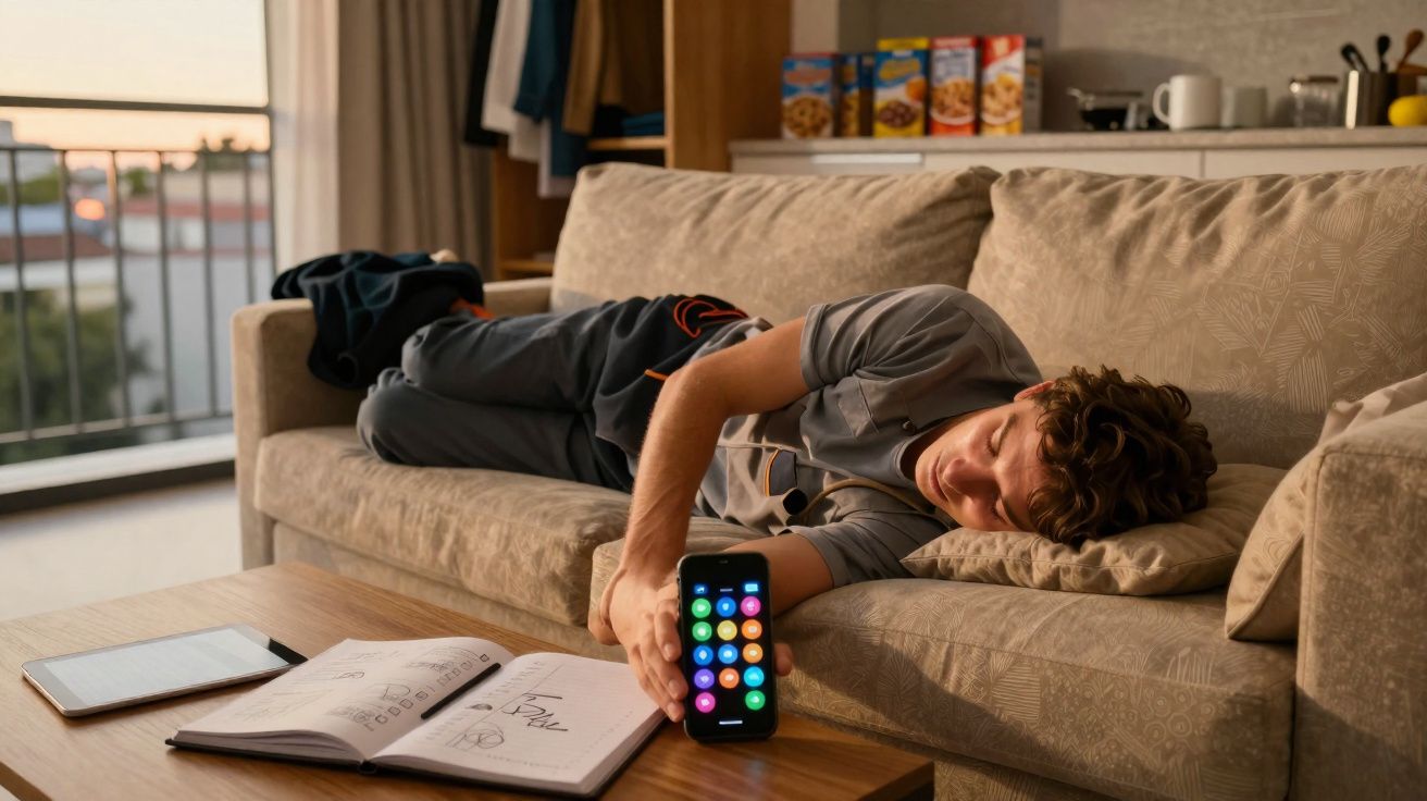 Jovem deitado no sofá a segurar um telemóvel com a tela iluminada, ao lado de um caderno aberto e tablet na mesa.