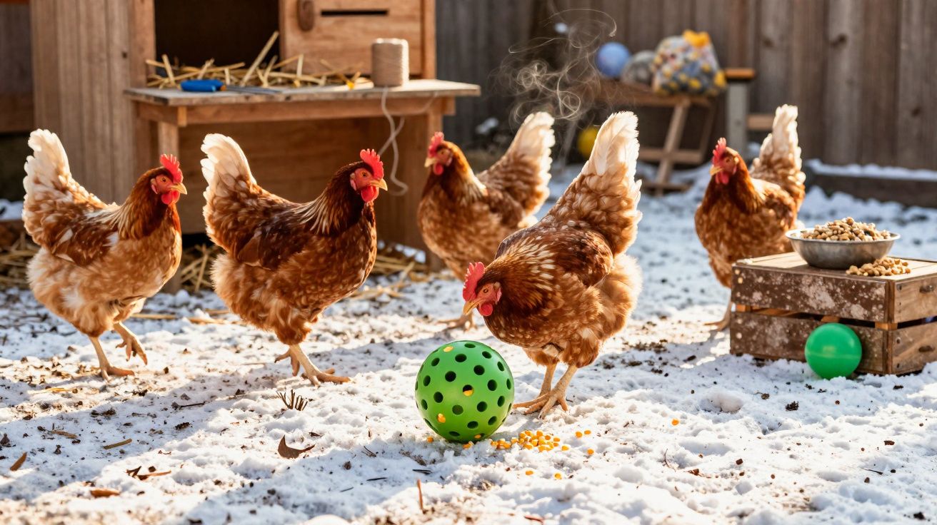 Cinco galinhas castanhas no chão com neve, perto de uma bola verde e um comedouro com grãos.