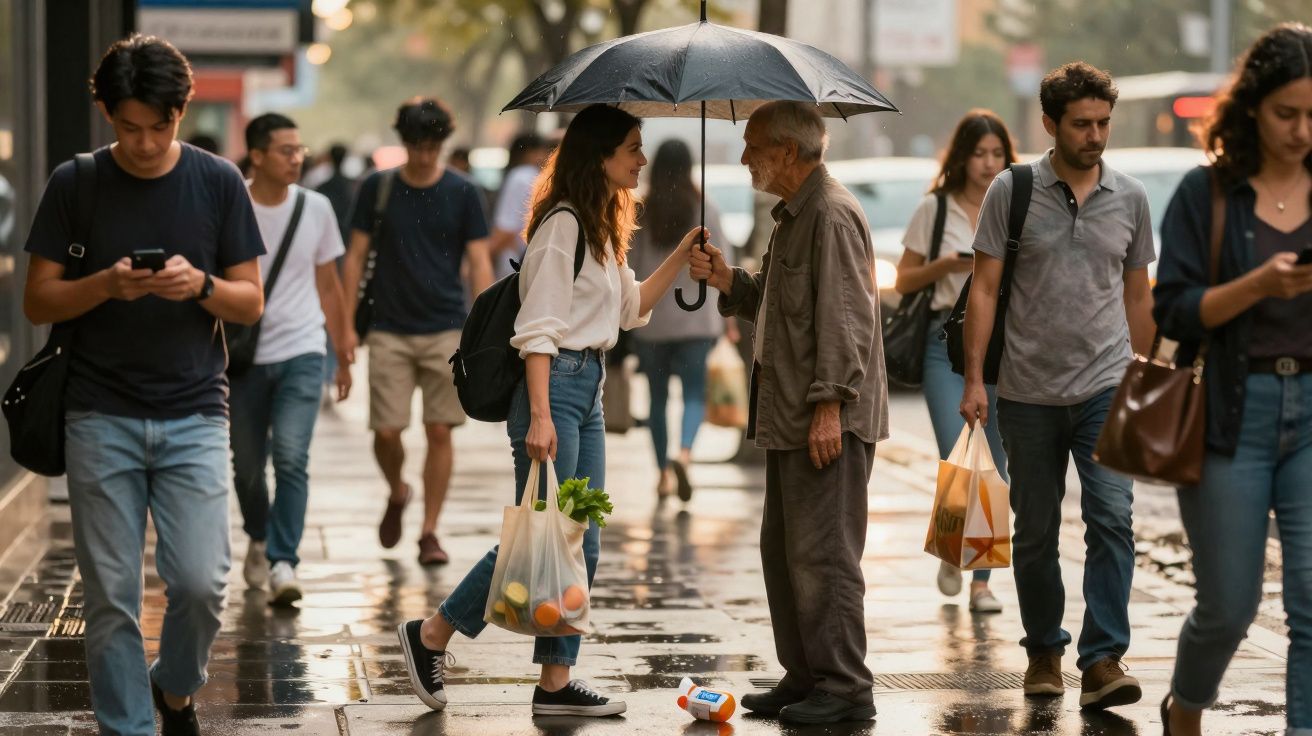 Jovem dá abrigo com um guarda-chuva a idoso numa rua movimentada após a chuva.