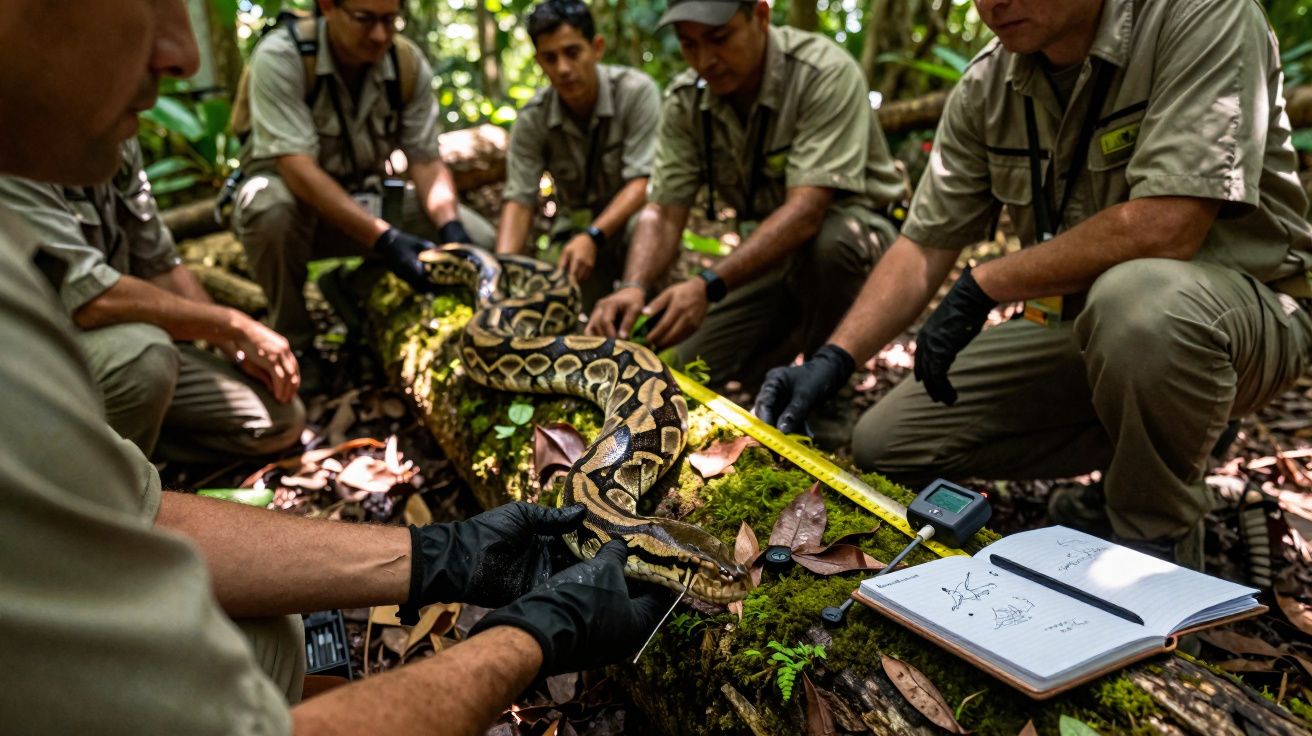 Biólogos medem e estudam uma serpente numa floresta com equipamento de campo e caderno de anotações.
