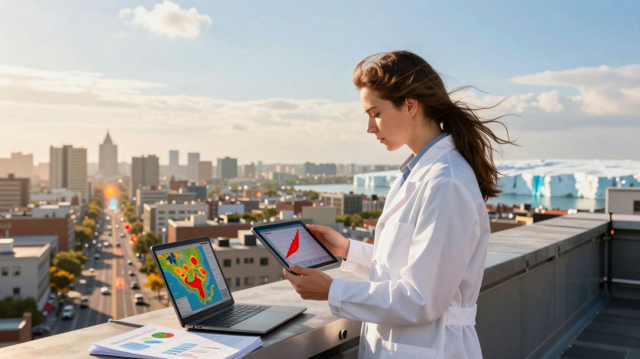 Mulher cientista num terraço com laptop e tablet a analisar dados climáticos e gráficos numa cidade ao fundo.
