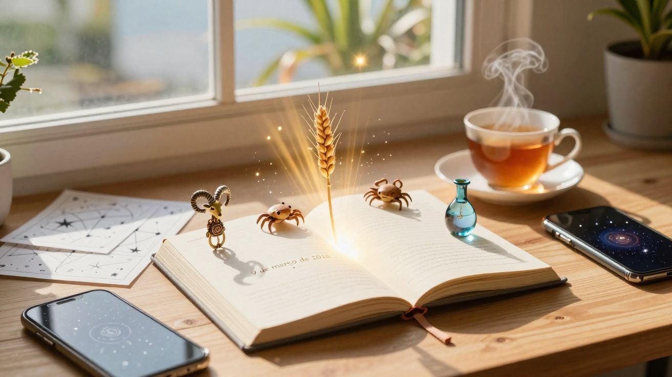 Livro aberto com espiga dourada brilhante, figuras de caranguejos e bode, chá, mapas astrológicos e telemóveis numa mesa junt