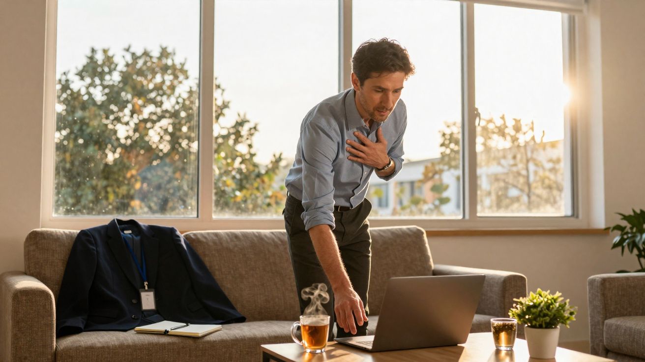 Homem com ar de desconforto a apoiar-se no sofá enquanto usa computador portátil numa sala bem iluminada.