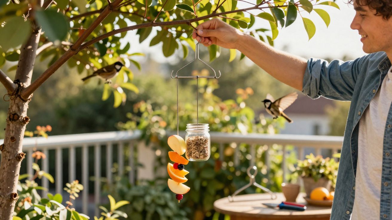 Pessoa segura comedouro suspenso para pássaros com frutas e sementes num jardim ao fim da tarde.