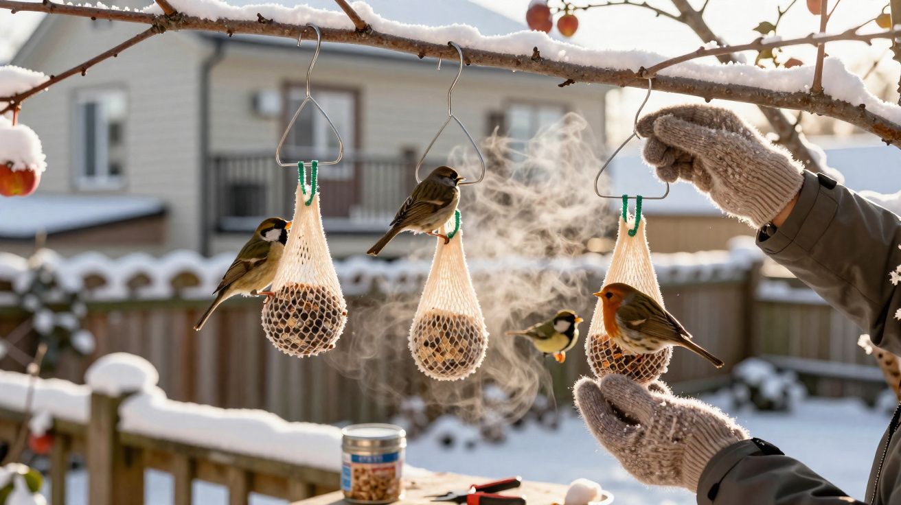 Pássaros a alimentar-se em redes suspensas com neve na rama e vapor visível no ar frio de Inverno.