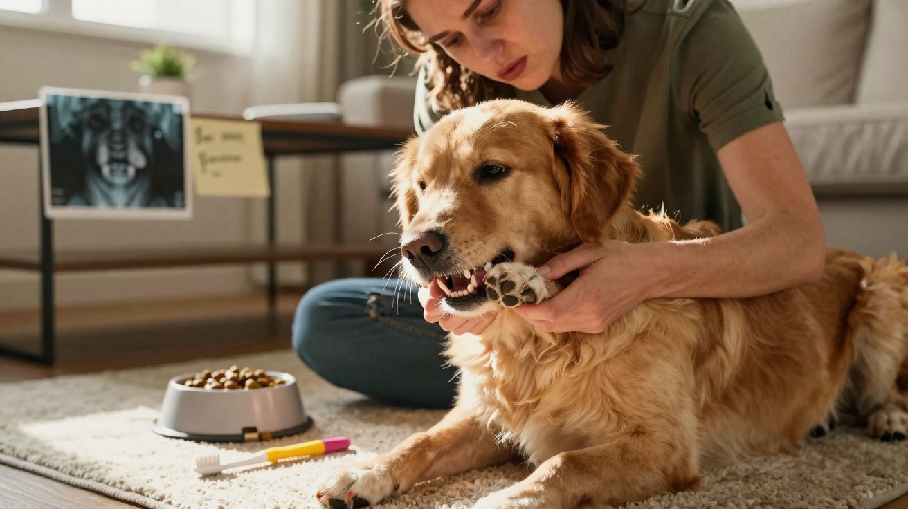 Mulher limpa dentes de cão dourado enquanto está sentada no chão da sala com brinquedo e ração perto.