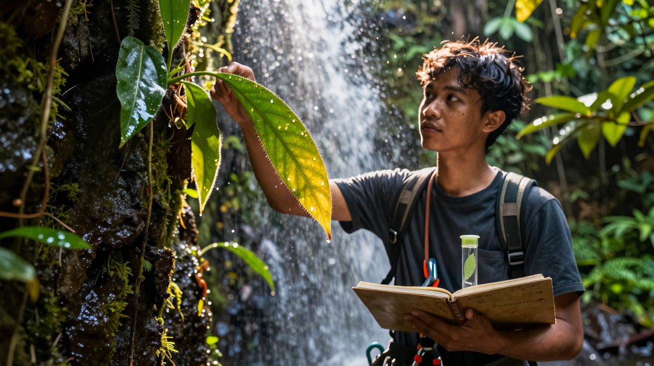 Jovem com mochila e caderno observa folha numa floresta junto a uma cascata.