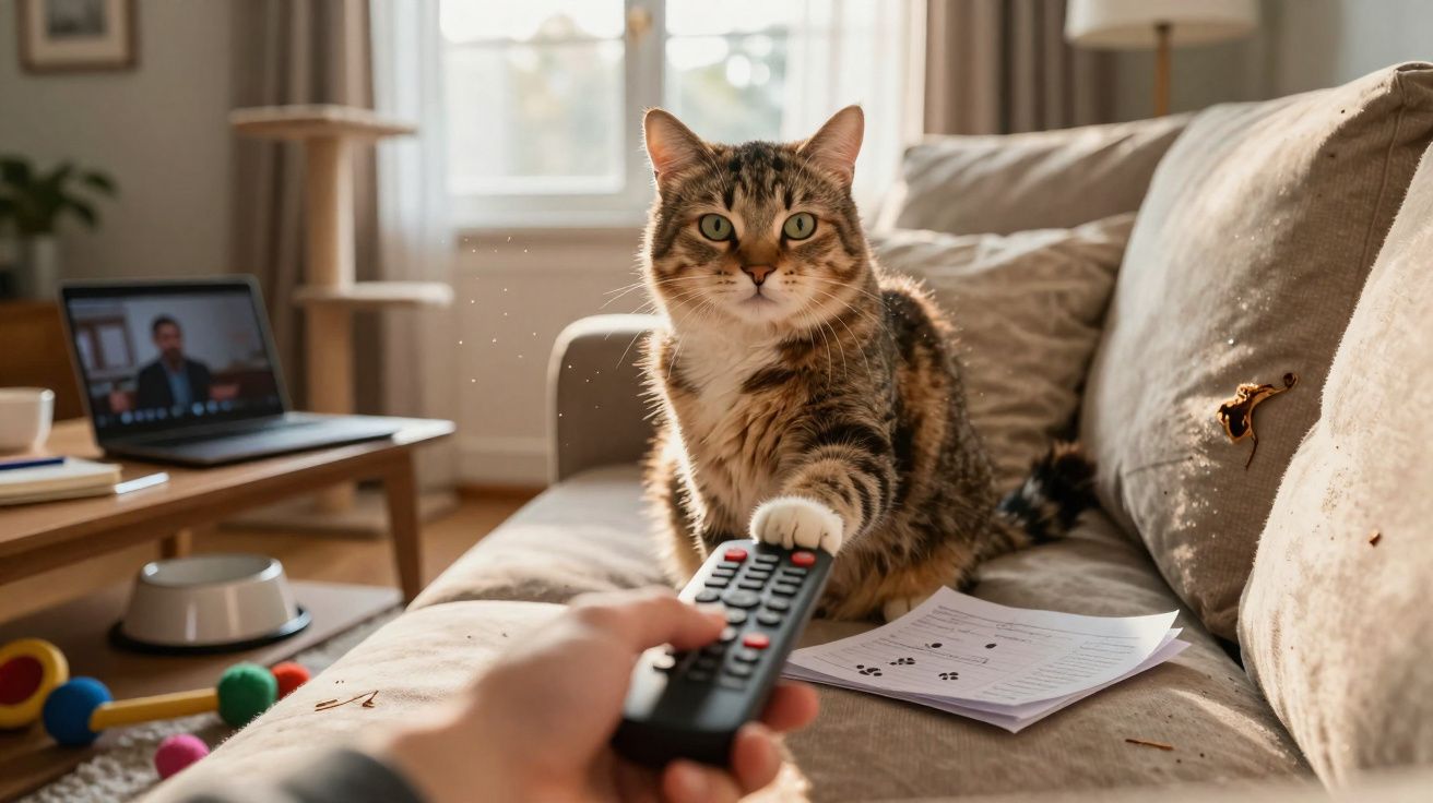 Gato sentado no sofá a pegar num comando remoto com a pata dianteira, perto de um comando de televisão e documentos.
