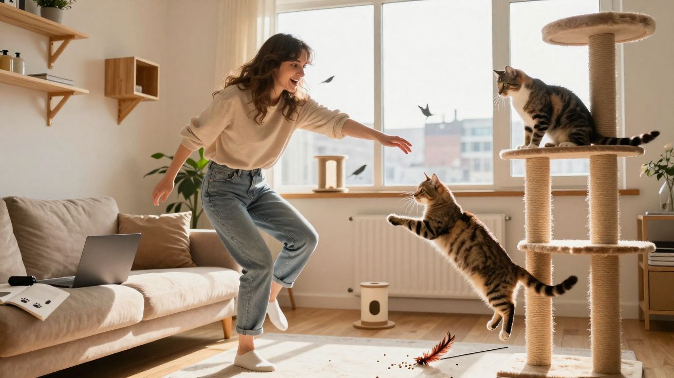 Mulher a brincar com dois gatos num apartamento luminoso com arranhador e sofá bege.