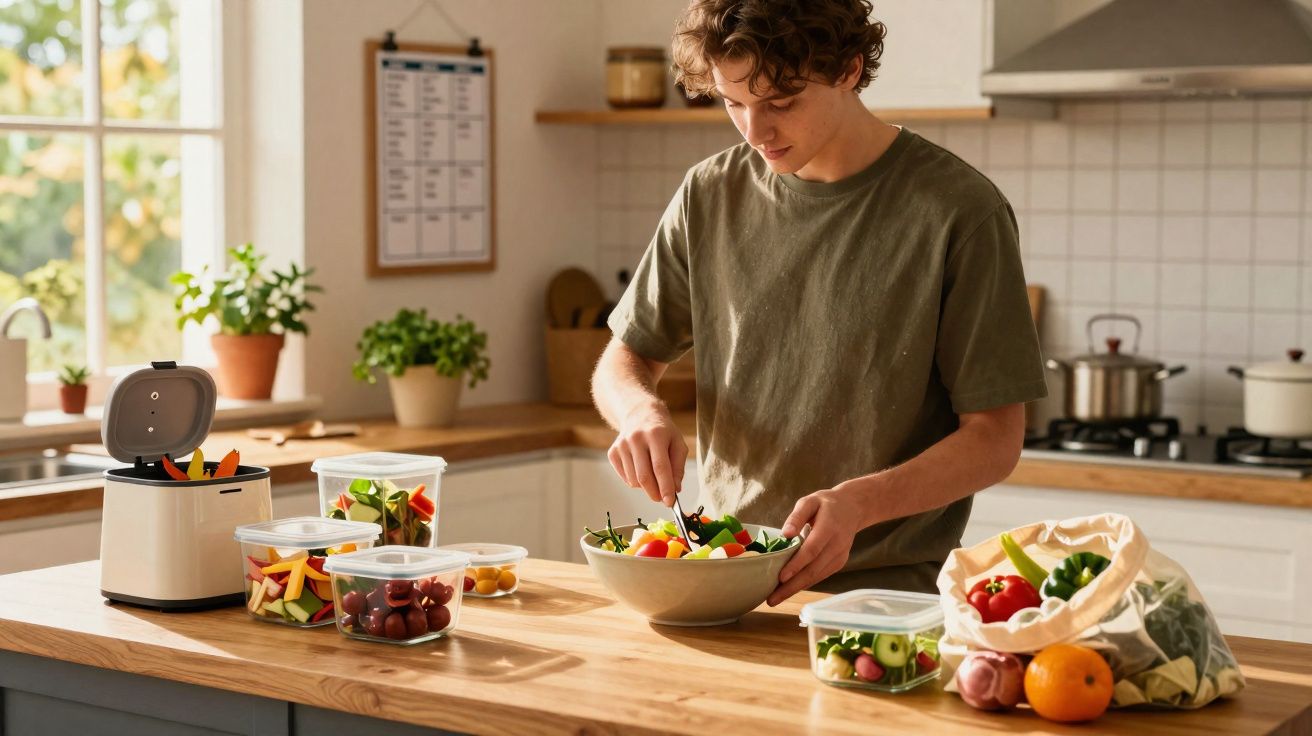 Jovem prepara salada numa cozinha luminosa com legumes frescos e recipientes de armazenamento na bancada.