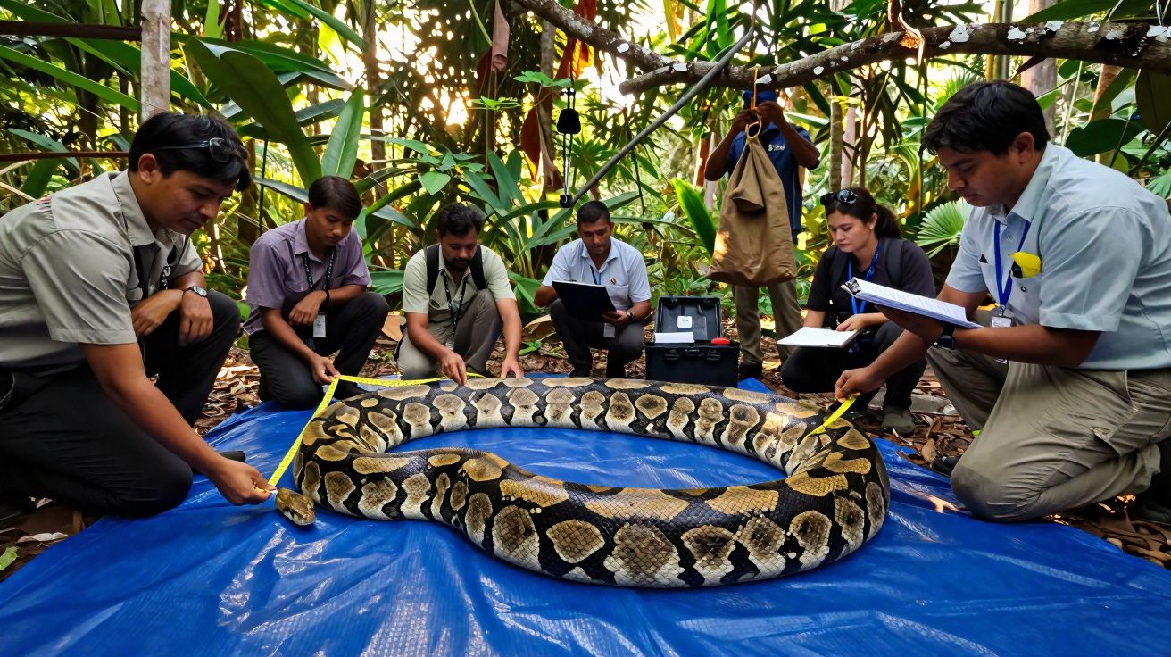 Equipa a medir uma grande serpente sobre lona azul numa floresta, enquanto outros anotam dados.