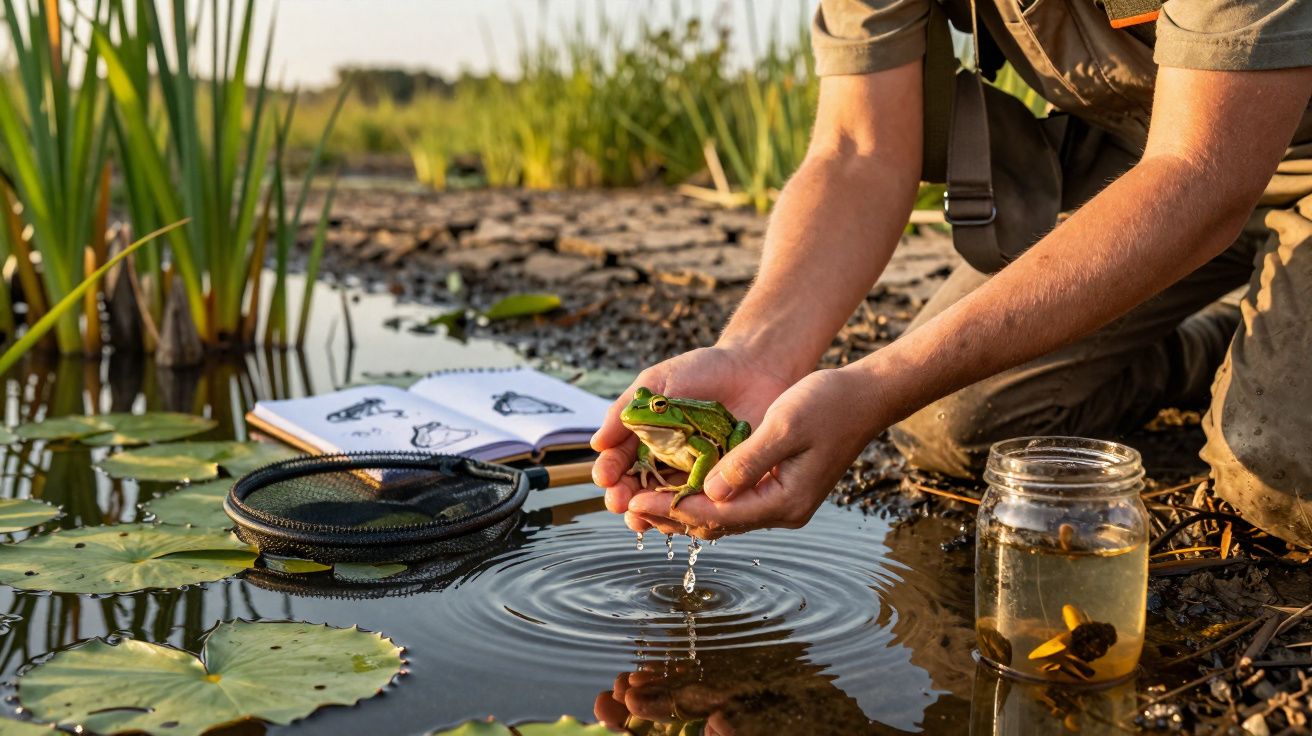 Mãos de uma pessoa seguram uma rã verde junto a um lago com plantas aquáticas, caderno e frasco.