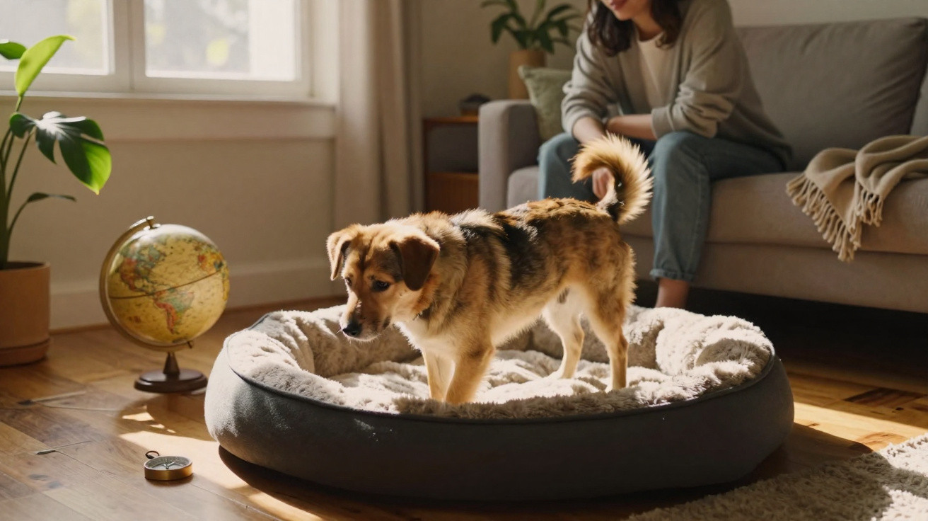 Cão em cama confortável no chão de madeira com pessoa sentada no sofá ao fundo, luz natural entra pela janela.