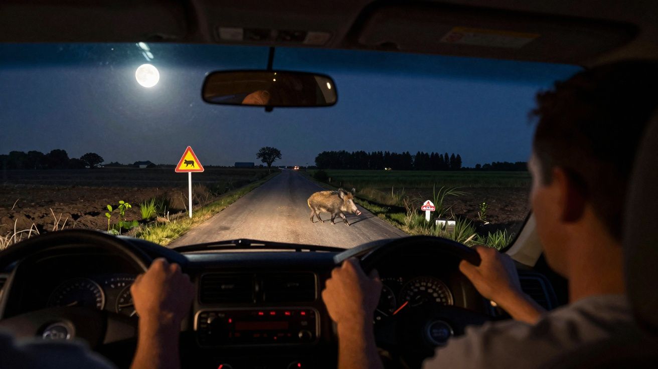 Vista noturna de um javali a atravessar uma estrada rural, visto do interior de um carro com dois ocupantes.