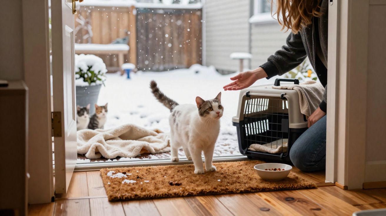 Gato branco e malhado entrando em casa na neve, com pessoa estendendo a mão e transportadora ao lado.