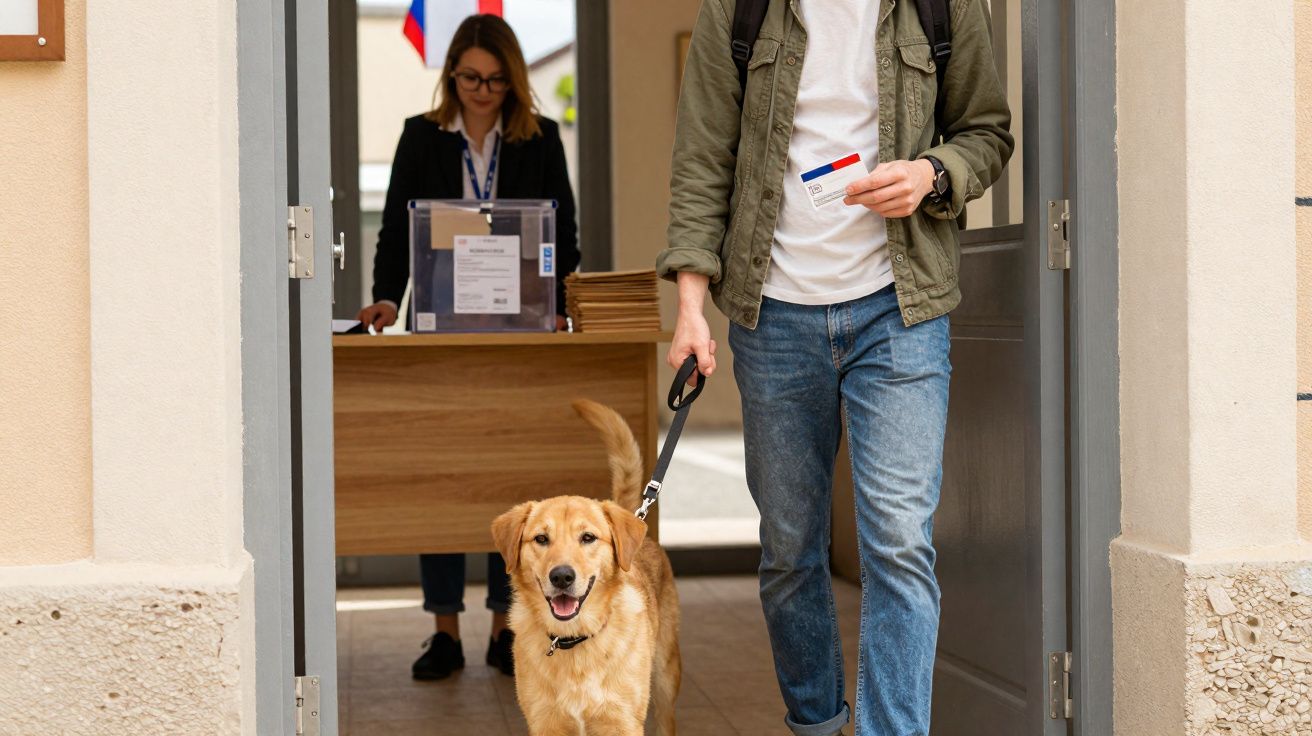Pessoa a sair de uma secção de voto com um cão, enquanto funcionária está junto a uma mesa de votação.