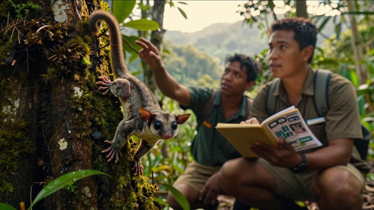 Dois investigadores observam um pequeno marsupial num ambiente de floresta densa.