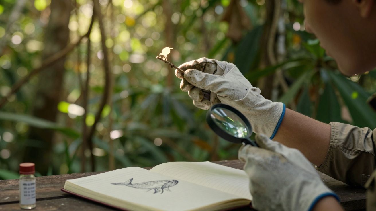 Pessoa com luvas a observar insecto numa folha com lupa, ao lado de caderno aberto com desenho de peixe.