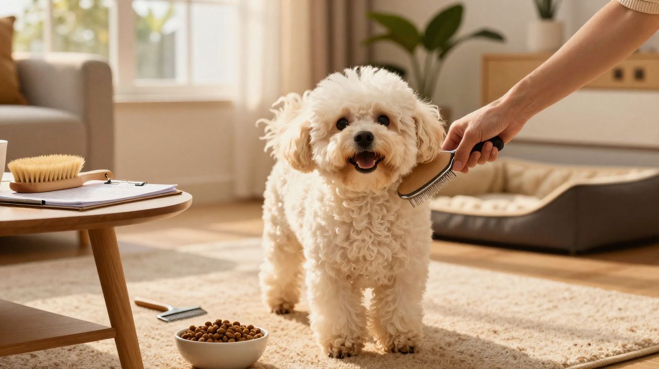 Cão branco de pelo encaracolado a ser escovado numa sala com luz natural e tigela de comida no chão.