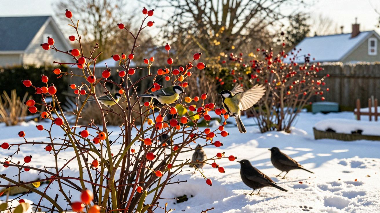 Pássaros coloridos pousados em arbustos com frutos vermelhos numa paisagem de inverno com neve e casas ao fundo.