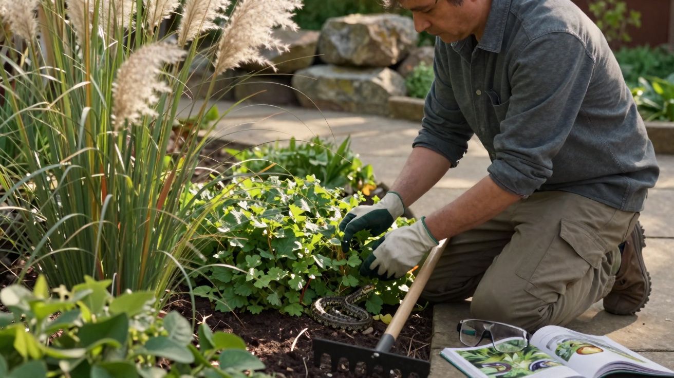 Homem com luvas a cuidar de plantas num jardim, com livro aberto e enxada ao lado.