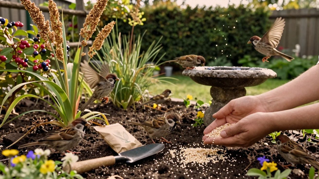 Pássaros a comer grãos do chão num jardim com plantas, bebedouro e mãos a alimentar.