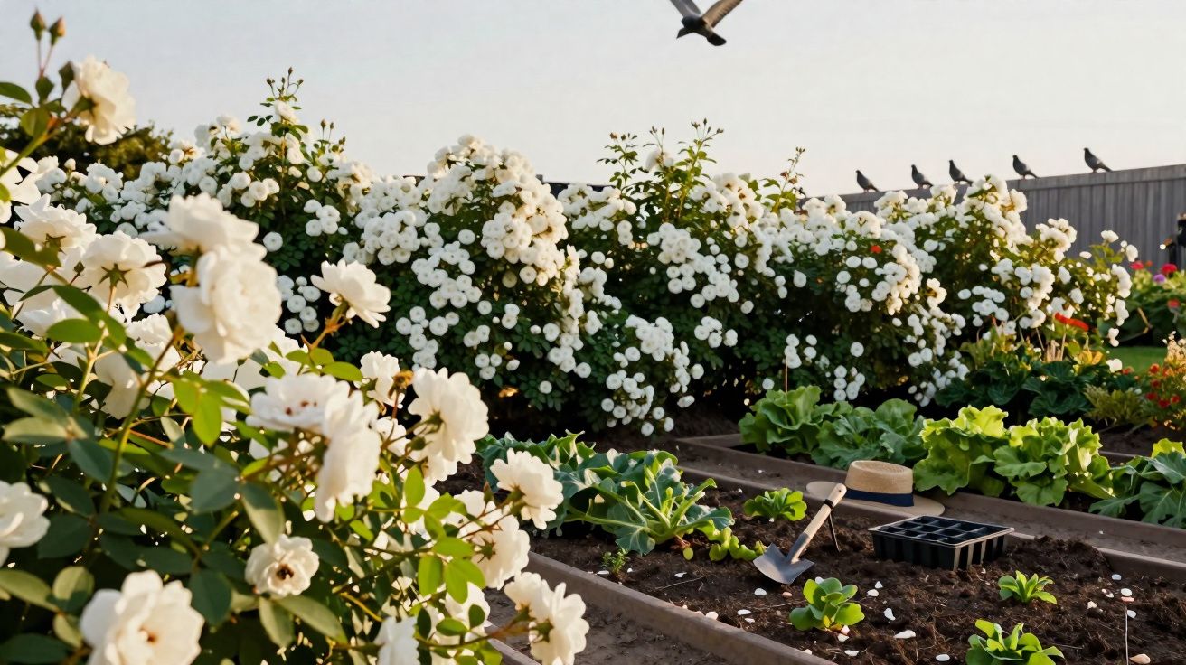 Jardim com roseiras brancas floridas e canteiros com plantas e ferramentas de jardinagem ao ar livre.
