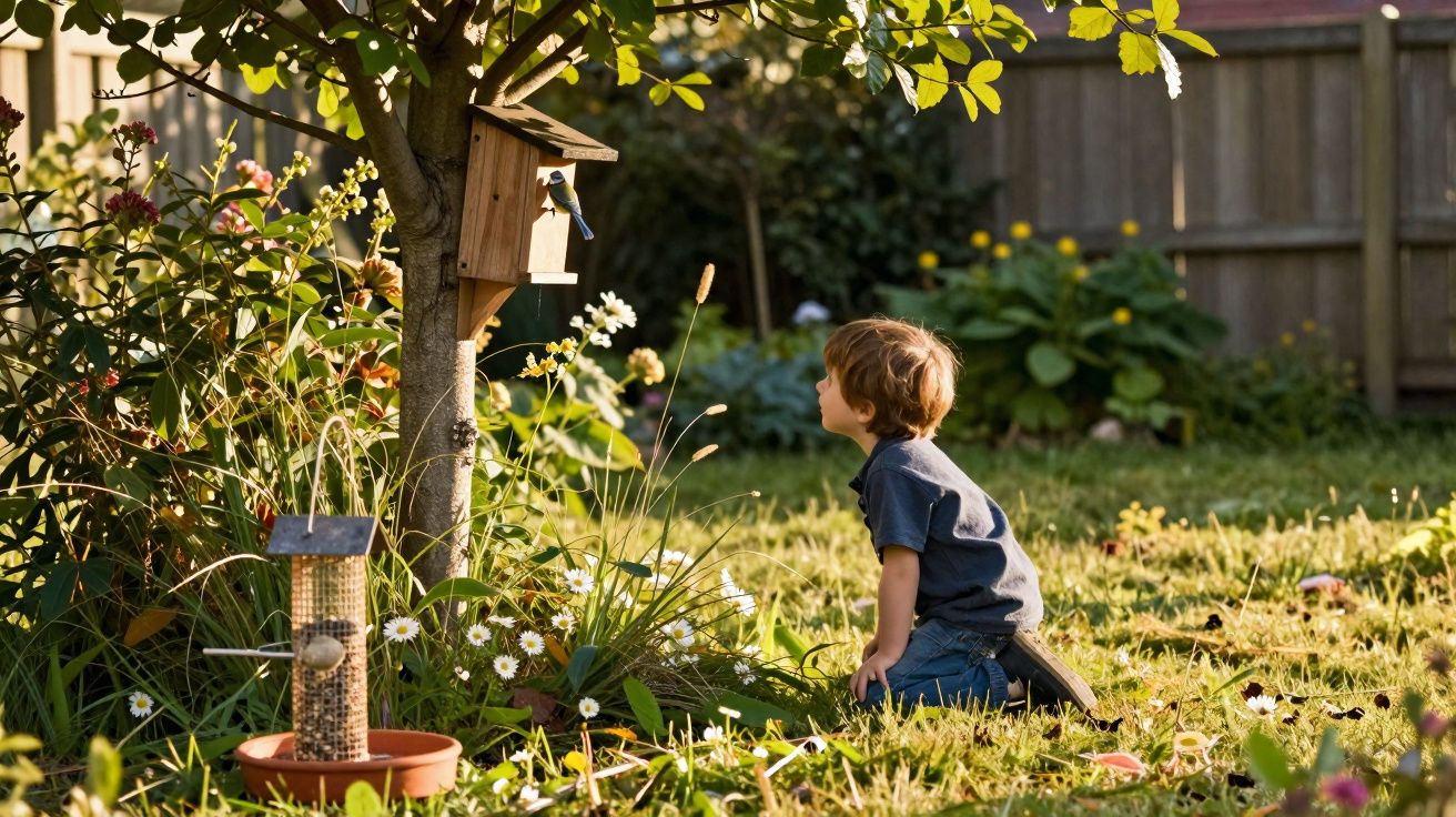 Criança observa uma casa de pássaros de madeira pendurada numa árvore num jardim ensolarado.