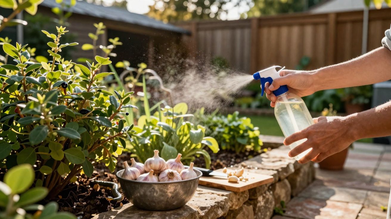 Pessoa a pulverizar plantas numa horta caseira com frasco de pulverizador azul e branco em dia soalheira.