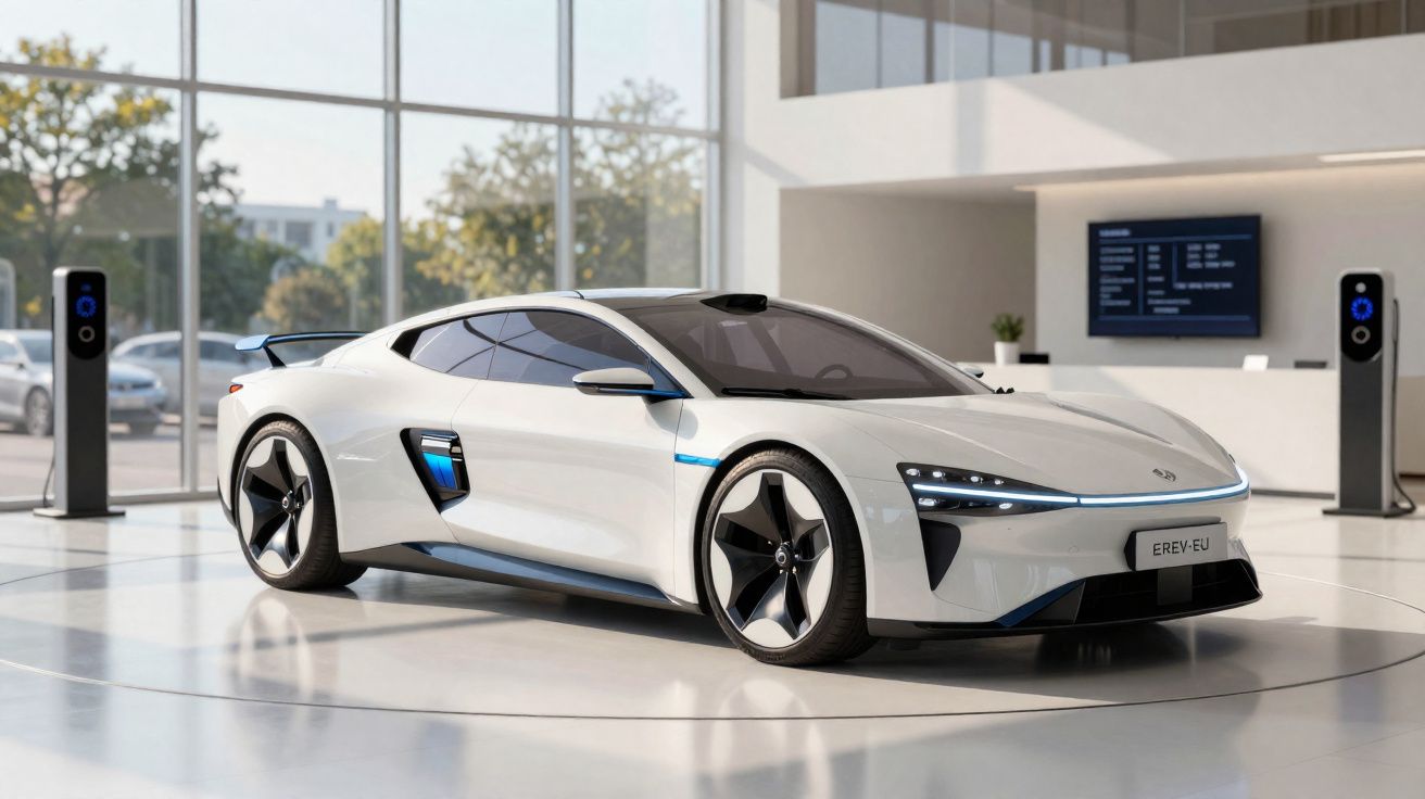 Carro desportivo elétrico branco, modelo EREV-EU, em exposição num showroom moderno e luminoso.
