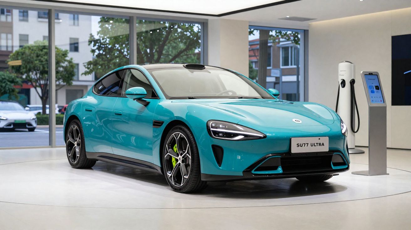 Carro elétrico azul turquesa estacionado em espaço de exposição moderno com estação de carregamento ao lado.