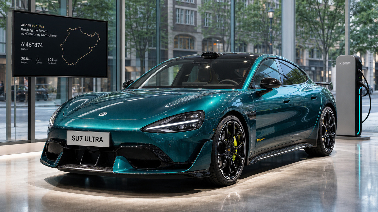 Carro elétrico Xiaomi SU7 Ultra verde em exposição com carregador e painel de recorde de velocidade.