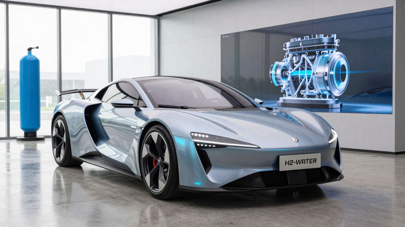 Carro desportivo futurista azul brilhante numa sala moderna com ecrã a mostrar motor tecnológico.