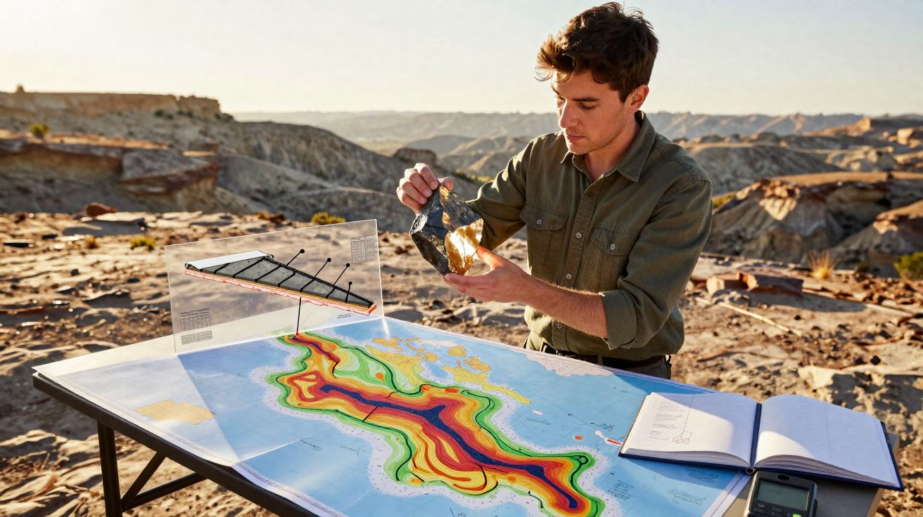 Homem a analisar um mapa geológico colorido numa mesa ao ar livre, em ambiente árido.