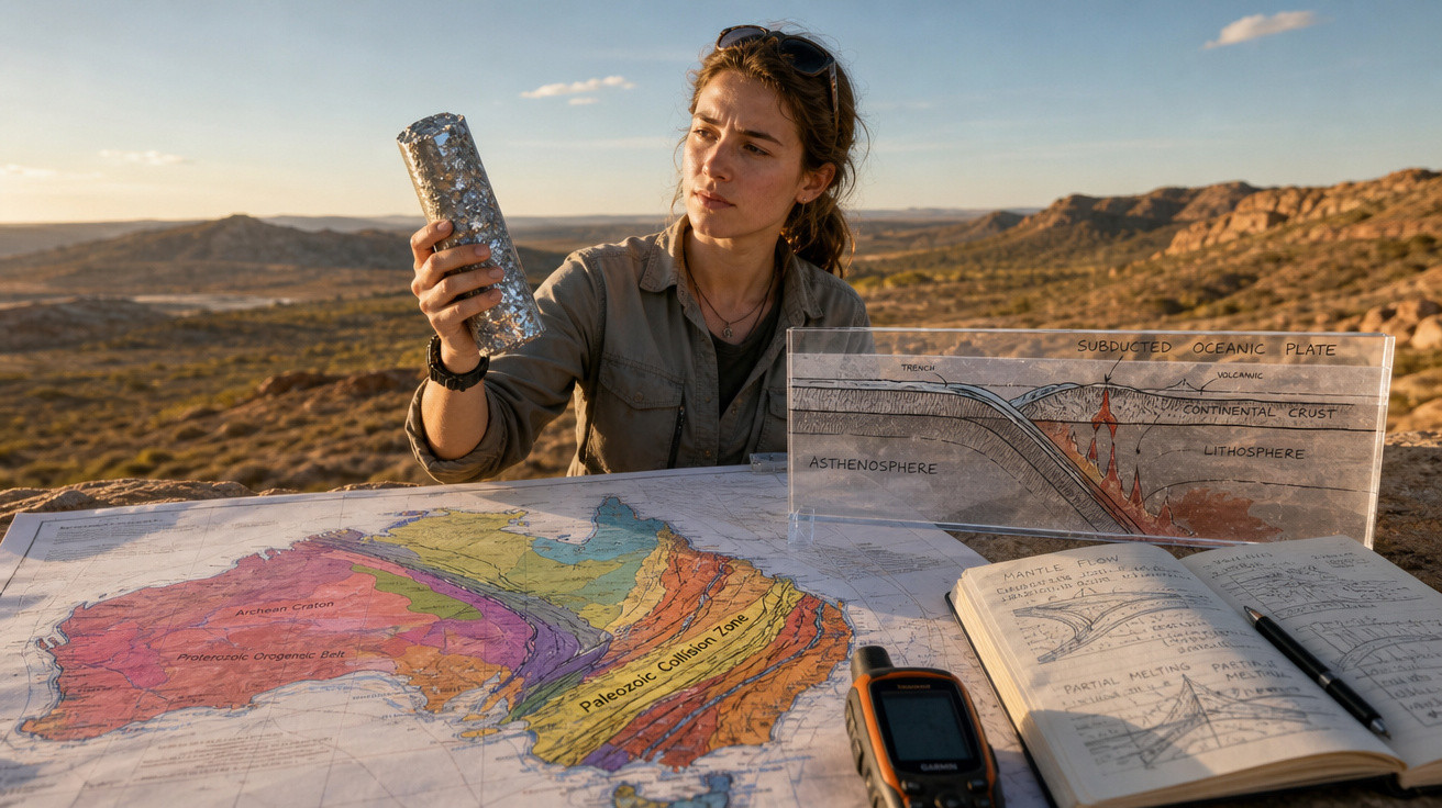 Mulher analisa amostra geológica em campo com mapas, caderno de notas e dispositivo eletrónico ao pôr do sol.