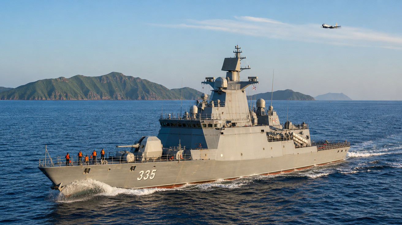 Navio de guerra cinzento número 335 navega em mar calmo com montanhas ao fundo e avião no céu.