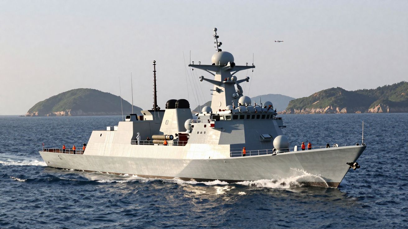 Fragata militar branca navegando no mar com pequenas ilhas ao fundo e tripulantes a bordo.